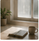A notebook and mug by a window